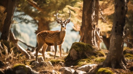 Photo of a male deer in the wild, displaying large, towering luxurious antlers, looking towards the camera.