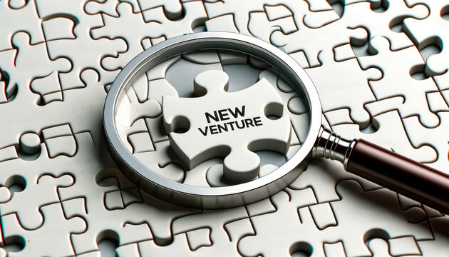 Magnifying glass focusing on a puzzle piece inscribed with NEW VENTURE. the new venture piece stands out, highlighting its significance in the grand scheme.