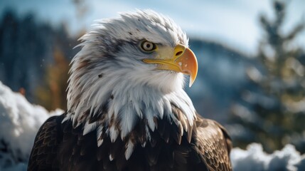 Obraz premium Close-up shot of a bald eagle with focus sharp eyes, engaged in the hunt while navigating the wild landscape.