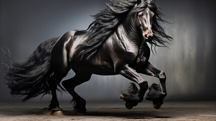 Obraz na płótnie Canvas Black stallion, horse with long mane running in studio on grey background. 