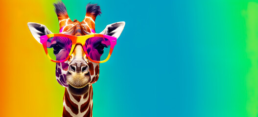Naklejki  Fantasy giraffe wearing glasses with multicolored style.funny wildlife in surreal surrealism art.creativity. and inspiration background.