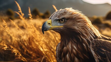 Fototapeta premium Close-up shot of a bald eagle with focus sharp eyes, engaged in the hunt while navigating the wild landscape.