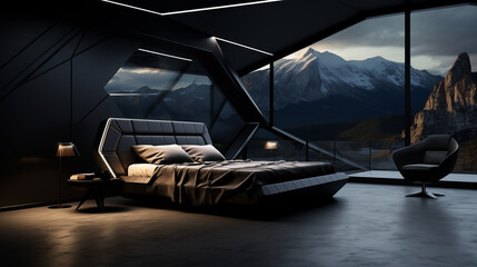 Fototapeta na wymiar Bedroom of the future with a beautiful black rock design. Created with generative AI 