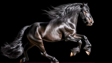Black stallion, horse with long mane running in studio on grey background. 