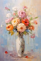 vintage-style painting of a lovely flower bouquet, adorned with detailed palette knife painting textures, suitable for wall decoration or seamless patterns.