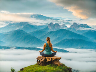 A woman practicing peaceful yoga while looking at the green mountains - obrazy, fototapety, plakaty