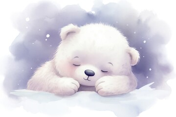 Peaceful white bear shows relaxation amidst watercolor blue surroundings. Animal and nature.