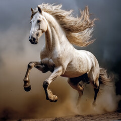 Obraz na płótnie Canvas Beautiful white prancing horse. Beautiful white stallion with long mane galloping in dust. 