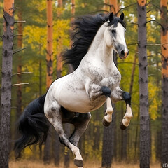 Beautiful white and black, prancing horse in the autumn forest. Side view. 