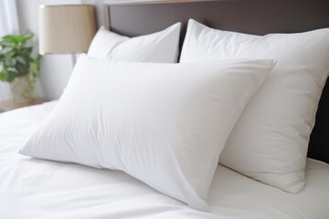 Fototapeta na wymiar Close-up of pillows on bed in hotel room Home decor and interior design, bed with white bedding in luxury bedroom, bed linen laundry service and furniture details