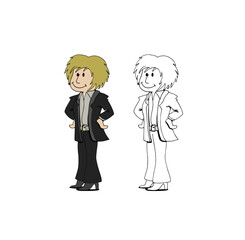 Cute happy smiling blonde hair woman character wearing an elegant suit and heeled shoes with her hands on hips. Colorful cartoon style vector illustration on white background.