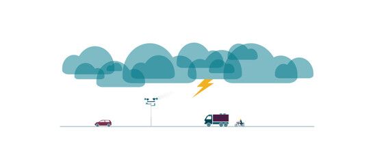 Weather station radar next to a road with vehicles passing by as a thunderstorm brews. Technology, traffic. Flat style colorful vector illustration isolated on white background.