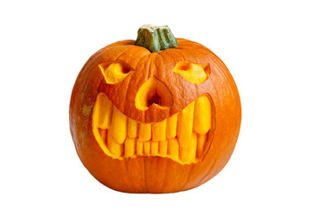 Carved Halloween pumpkin. Spooky laughing, scary head.