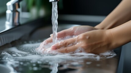 hand clean water washing clean hygiene in restroom basin countertop closeup - obrazy, fototapety, plakaty