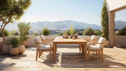 Obraz premium wooden dining furniture country contemporary house beautiful interior design outdoor balcony home design concept