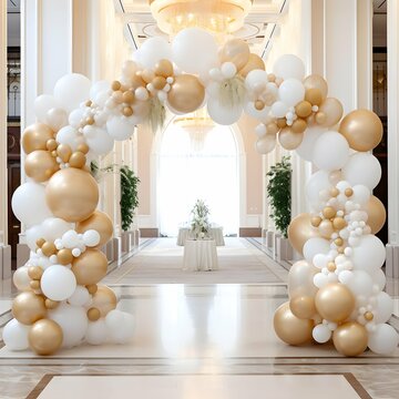 Framed white and gold balloons, garland decorations, generative artificial intelligence, arch frame wedding event, birthday party, 