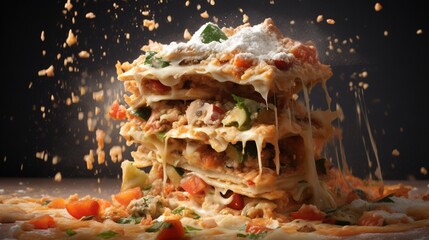  a stack of pasta with cheese and vegetables falling out of it.  generative ai