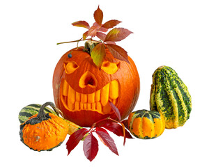 Carved Halloween pumpkin. Spooky laughing, scary head.