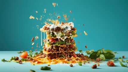  a stack of food that has been tossed in the air.  generative ai
