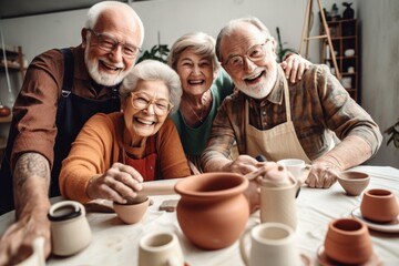 shot of a group of senior friends taking photos while enjoying some pottery class together - obrazy, fototapety, plakaty