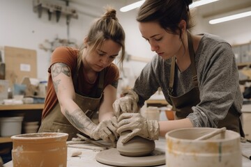 shot of two people working together on a pottery project