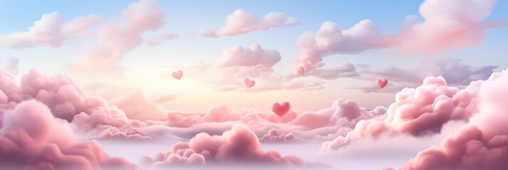 Valentines day romantic background. Pink color heart shaped clouds on blue sky, love is in the air