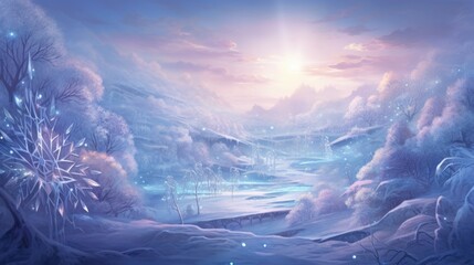 Enchanting winter landscape with glistening trees under radiant sun. Fantasy art landscapes. - obrazy, fototapety, plakaty