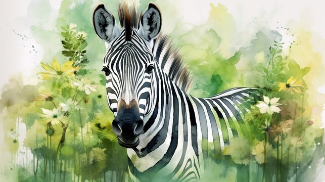  a painting of a zebra standing in a field of flowers.  generative ai