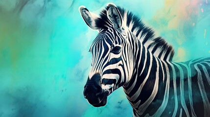  a zebra standing in front of a painting of a blue sky.  generative ai