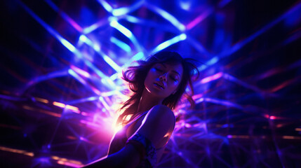 A young, beautiful asian woman dancing at the club surrounded by the colorful lights. Rave, concert, party, event photography