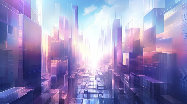 City buildings with an abstract texture of sunlight shining onto the glass with a combination of purple