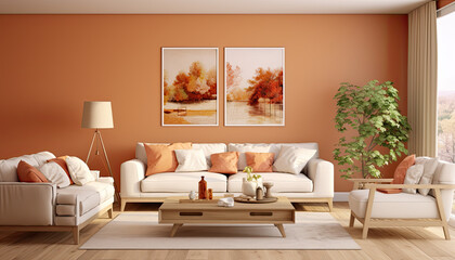 Fototapeta na wymiar a living room with beige walls, white furniture, couches, and wood plants