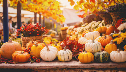 Bunte Kürbisse Gemüse auf einem Wochenmarkt im Herbst - obrazy, fototapety, plakaty
