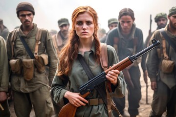 a young woman holding a rifle and standing with her rebel soldier comrades