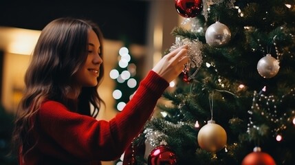 Woman decorating the christmas tree. girl decorating christmas tree with christmas ornaments
