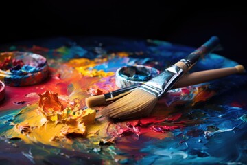 Obraz premium Palette with brushes with oil color paint