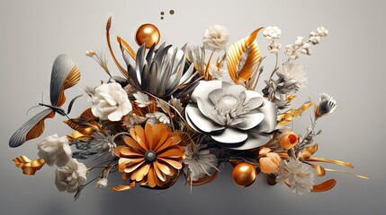  a bunch of flowers that are sitting on a table with gold and silver decorations on top of it and a gray wall in the background.  generative ai