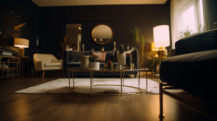 Fototapeta premium Home interior design with gold accents. Highlighting the luxury style to the design. Bokeh background. 