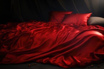 Red silk crumpled bed linen on the bed with pillows and a blanket