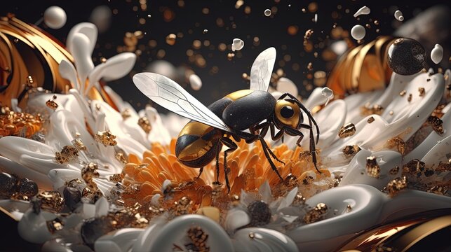  a close up of a bee on a flower with gold and white flowers in the foreground and a black background with gold and white bubbles in the middle.  generative ai