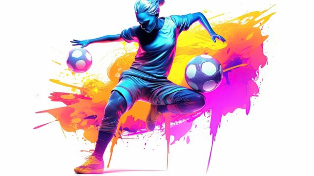  a man kicking a soccer ball on top of a field of grass and grass covered in purple and orange paint splatters on a white background.  generative ai