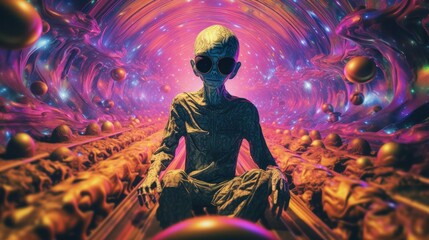 Obraz premium A mysterious alien sits in the depths of a tunnel, surrounded by his ufo, gazing at a monstrous creature he has brought to life through his otherworldly art