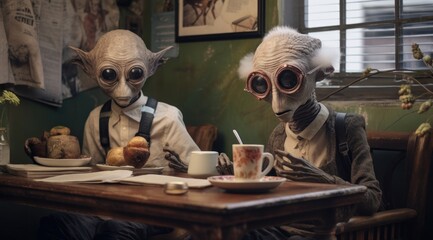 Two extraterrestrial beings sit at a table inside a ufo, surrounded by eerie furniture and a skull painting on the wall, wearing glasses and sipping coffee as they gaze out the window at a monstrous 