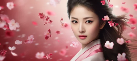 Fotobehang portrait of a beautiful Japanese woman sakura makeup fantasy  © Amir