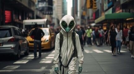 An extraterrestrial pedestrian, clad in otherworldly clothing, strolls down the city street as a monstrous ufo hovers above, its sleek vehicle-like design standing in stark contrast to the surroundin