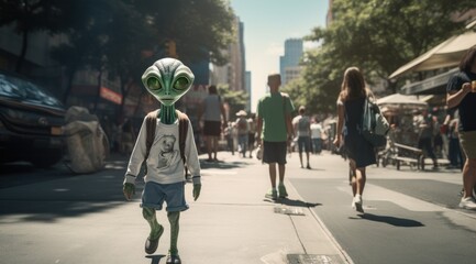 A monstrous alien walks the city streets in a bizarre garment, its ufo hovering above as people stare in fear and a lone girl in jeans crosses the sidewalk, her footwear clicking against the pavement - obrazy, fototapety, plakaty