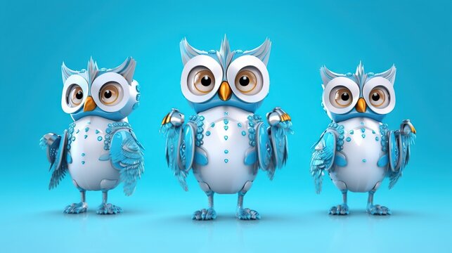  a group of three owls standing next to each other on a blue background with a light blue background behind them and a light blue background behind them.  generative ai
