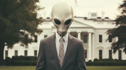 Cercles muraux UFO A dapper gentleman donning a crisp suit and tie, but with an otherworldly twist as his alien head gazes out from behind sleek sunglasses, standing amidst a sea of green grass and looming ufos