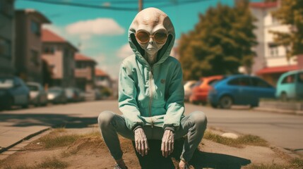 An otherworldly being clad in sunglasses and a mysterious garment gazes at a looming ufo while sitting on the pavement, surrounded by the rumble of cars and the open sky above