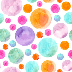 Seamless pattern of watercolor colorful circles. Hand drawn illustration. Hand painted elements on white background.	